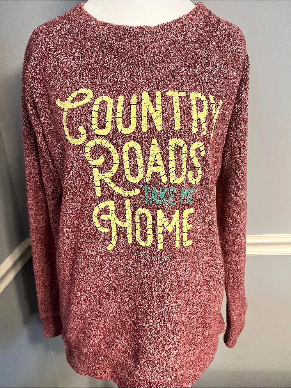 Turnrows Country Roads Take Me Home Comfy Terry Sweatshirt in Heather Red